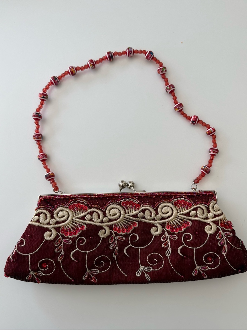 Embroidered Red Evening Clutch with Beaded Strap
